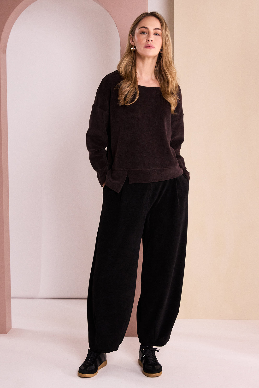 Naya Black Soft Cord Trouser With Binding Hemline, detail