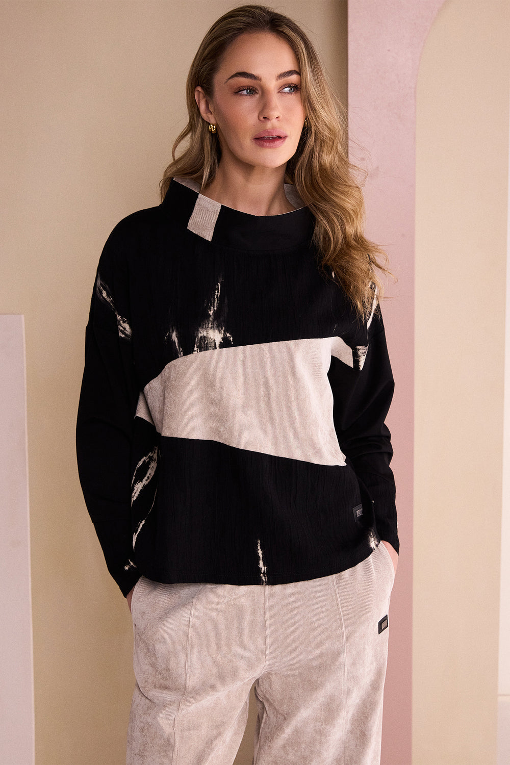 Naya Black Stone Beige High Neck Top With Corded Angle Section, detail