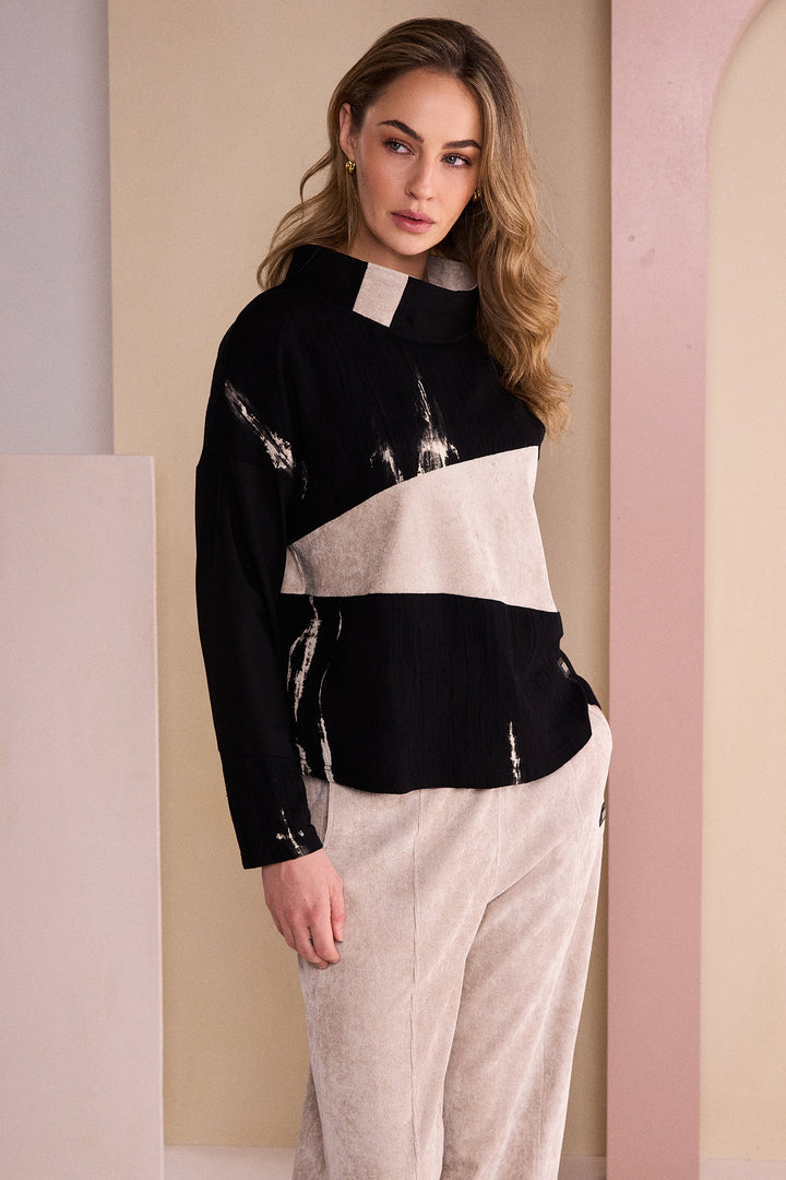 Naya Black Stone Beige High Neck Top With Corded Angle Section, detail