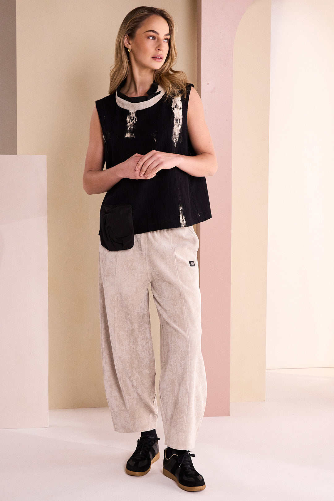 Naya Black Stone Beige Sleeveless Placement Print Top, detail