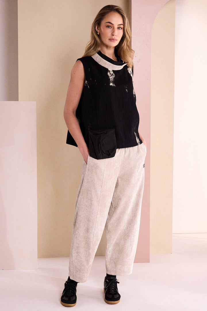 Naya Black Stone Beige Sleeveless Placement Print Top, styled