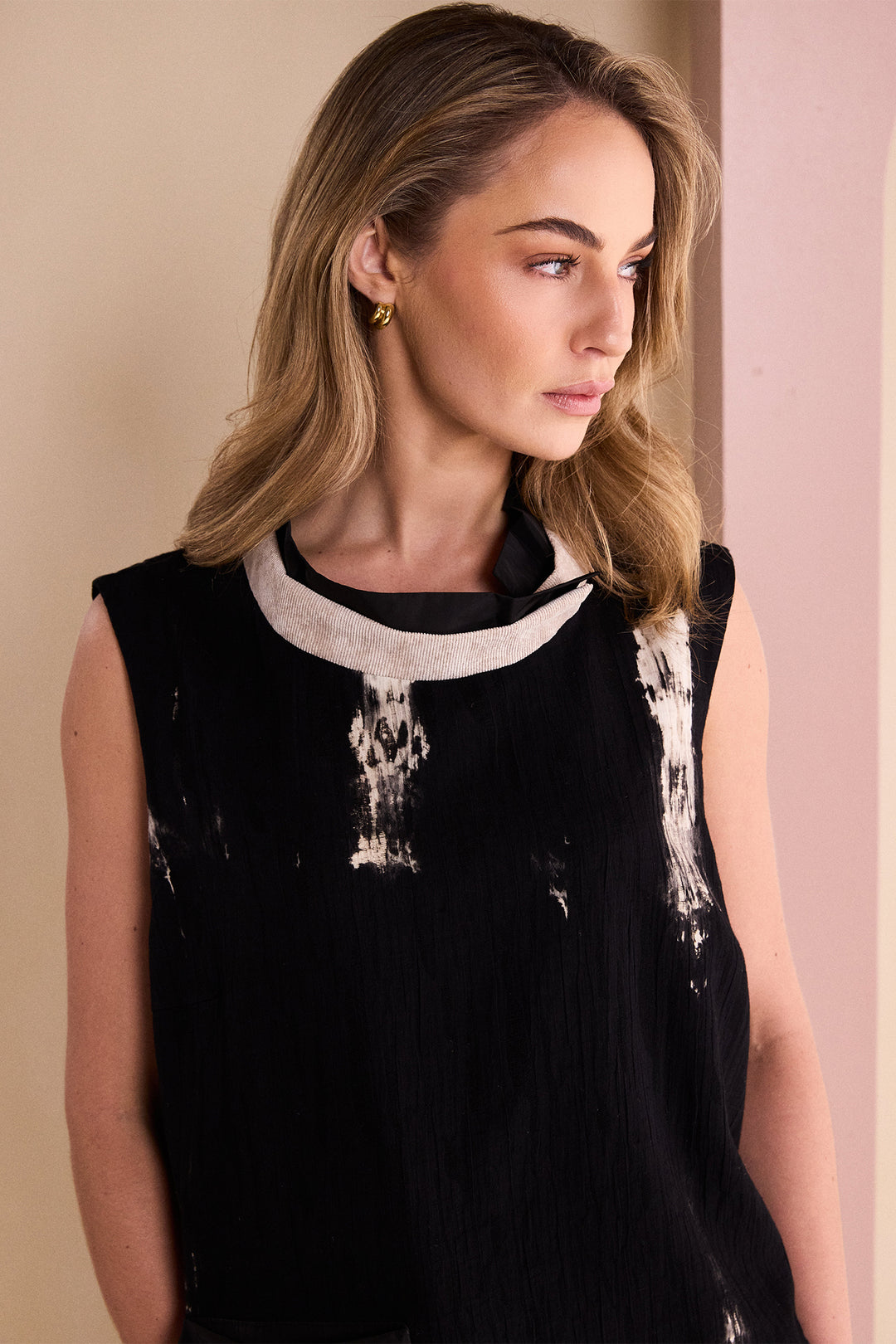 Naya Black Stone Beige Sleeveless Placement Print Top, detail