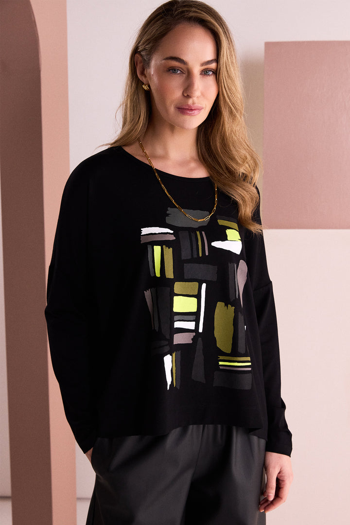 Naya Black Thyme Green Colour Block Placement Print Top, front