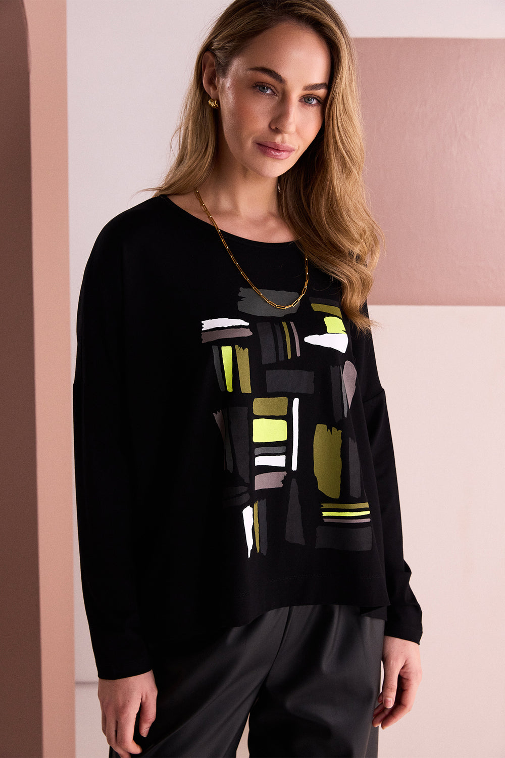 Naya Black Thyme Green Colour Block Placement Print Top, detail
