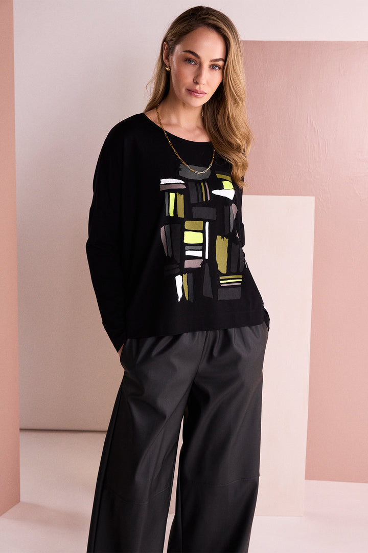Naya Black Thyme Green Colour Block Placement Print Top, styled