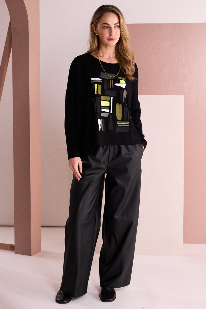 Naya Black Thyme Green Colour Block Placement Print Top, flat lay