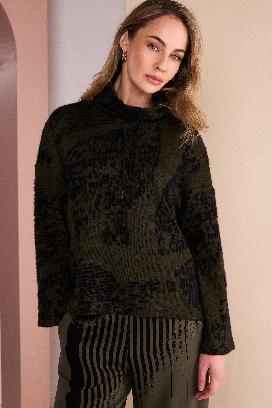 Naya Black/Thyme Green Flocked Placement Print High Neck Knit Top, front