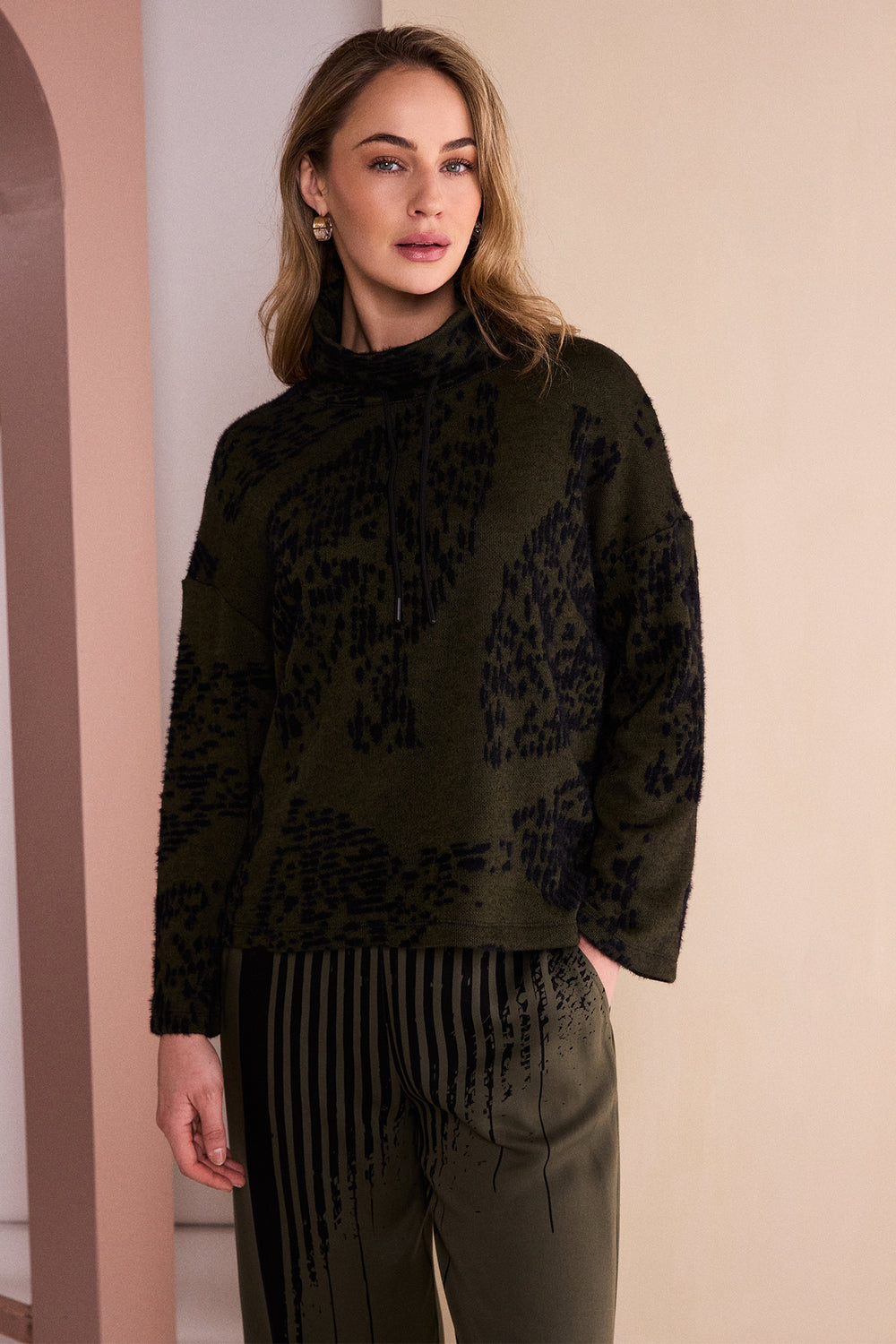 Naya Black/Thyme Green Flocked Placement Print High Neck Knit Top, back
