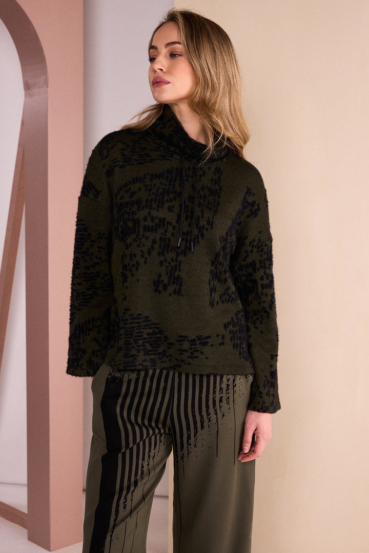 Naya Black/Thyme Green Flocked Placement Print High Neck Knit Top, side