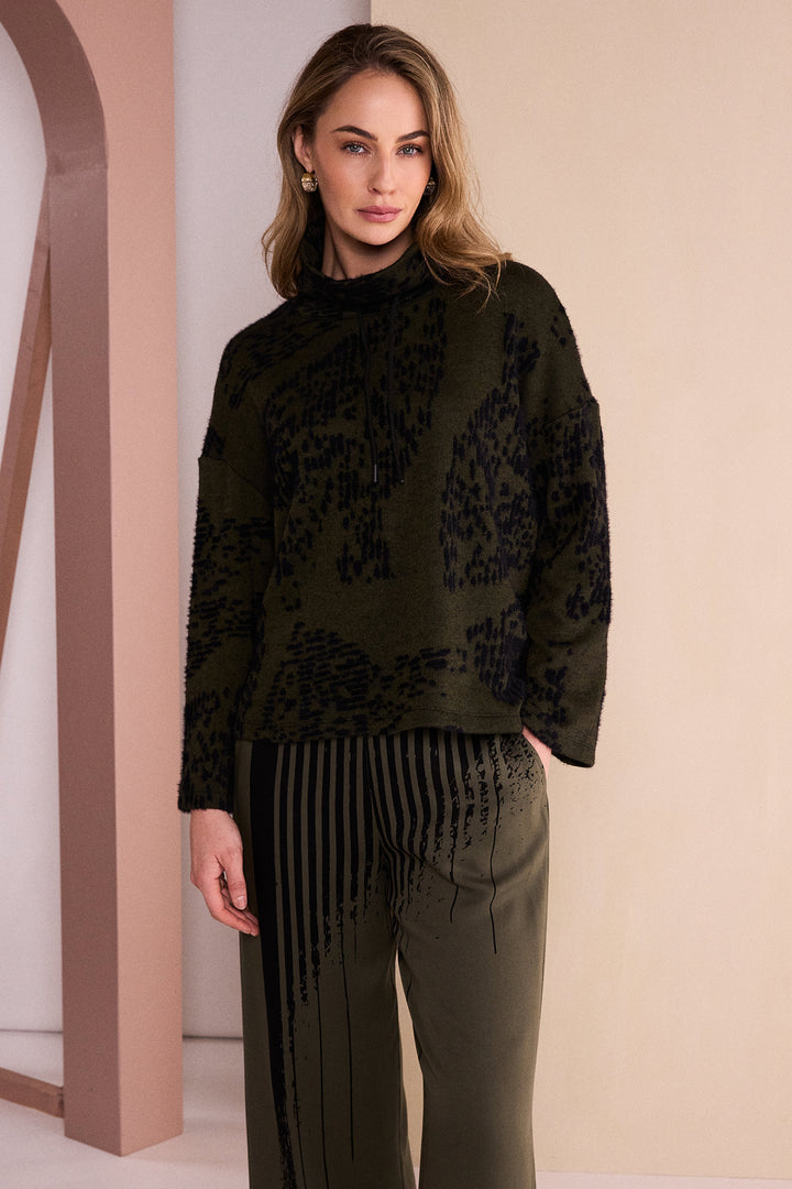 Naya Black/Thyme Green Flocked Placement Print High Neck Knit Top, detail
