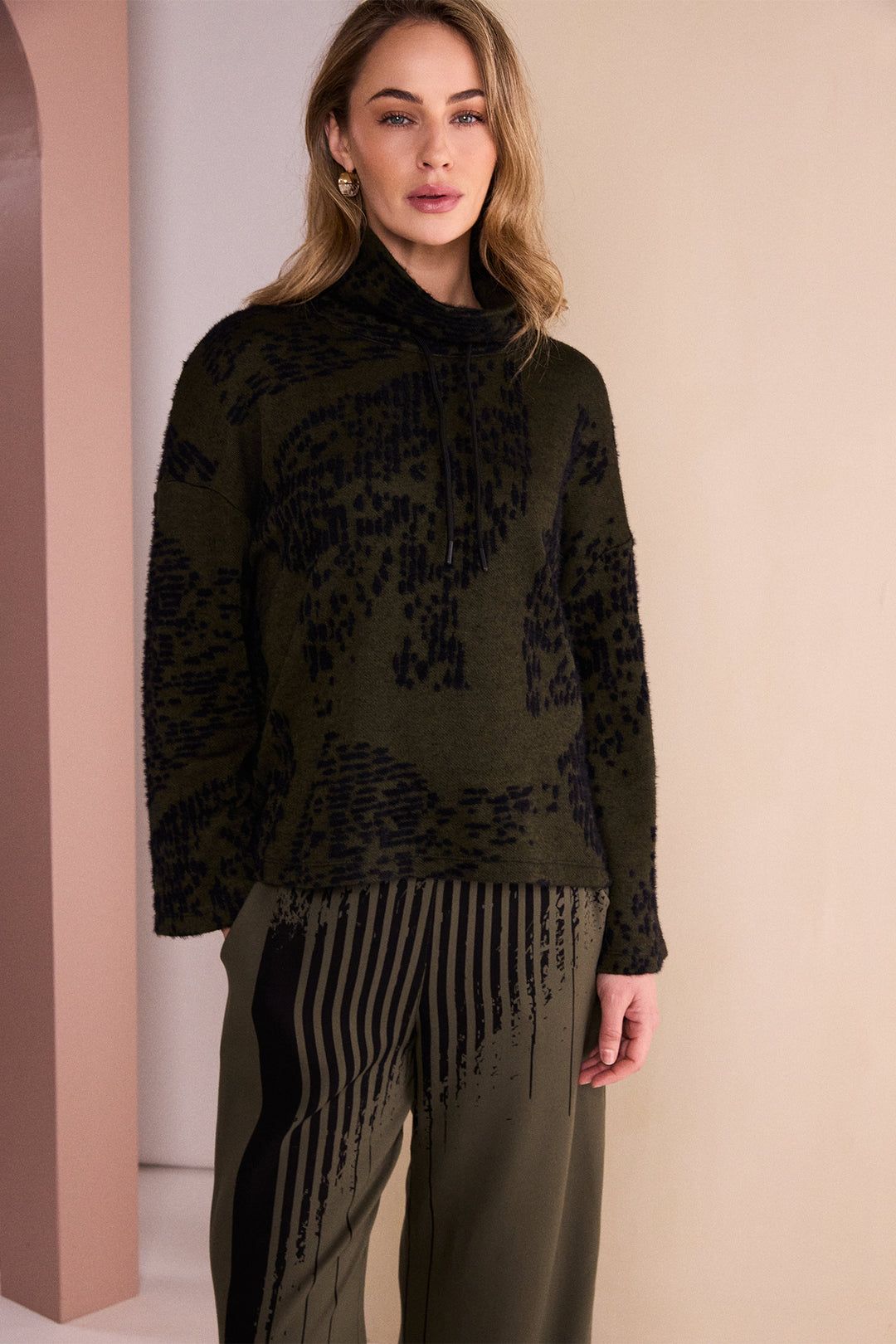Naya Black/Thyme Green Flocked Placement Print High Neck Knit Top, detail 2
