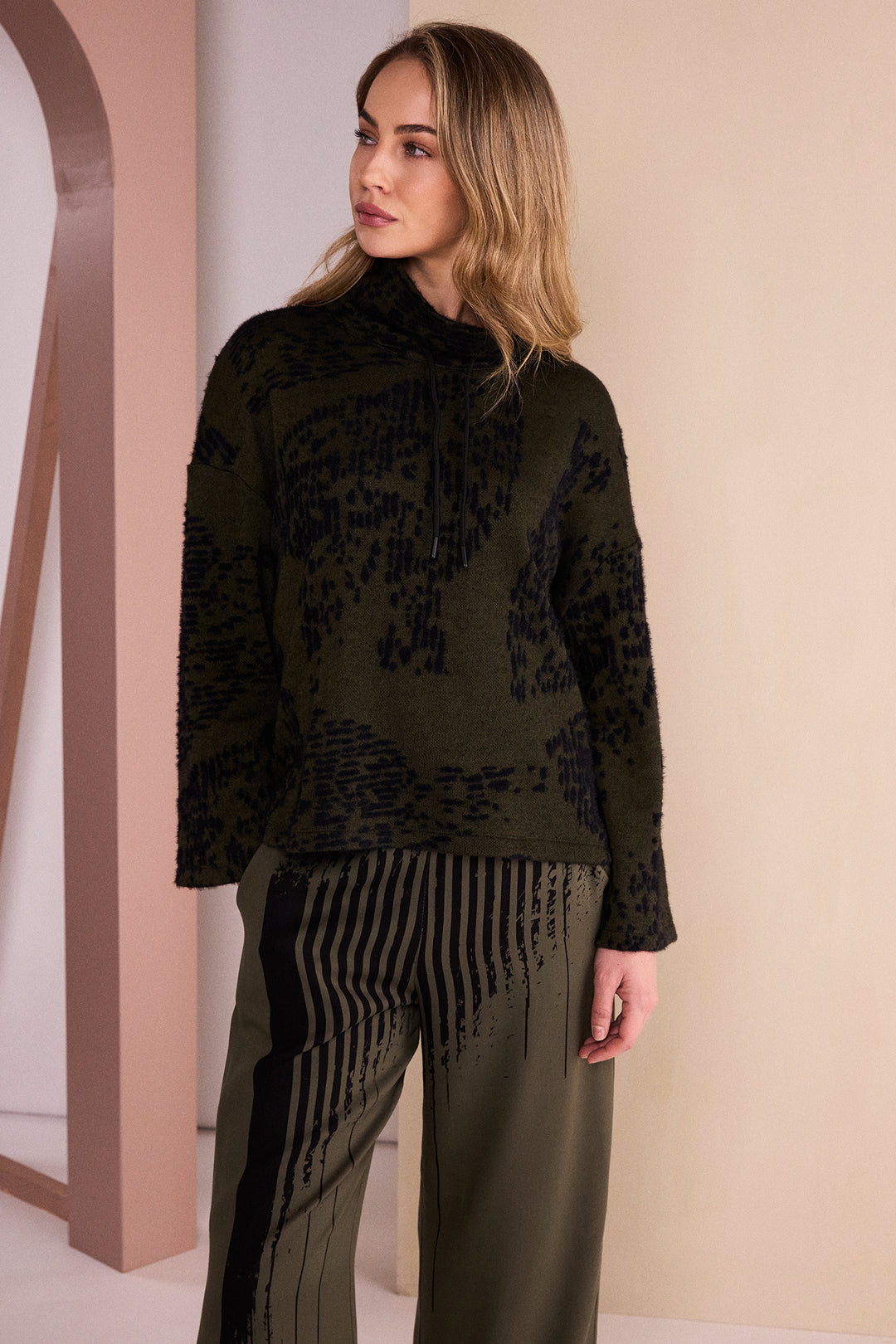 Naya Black/Thyme Green Flocked Placement Print High Neck Knit Top, styled