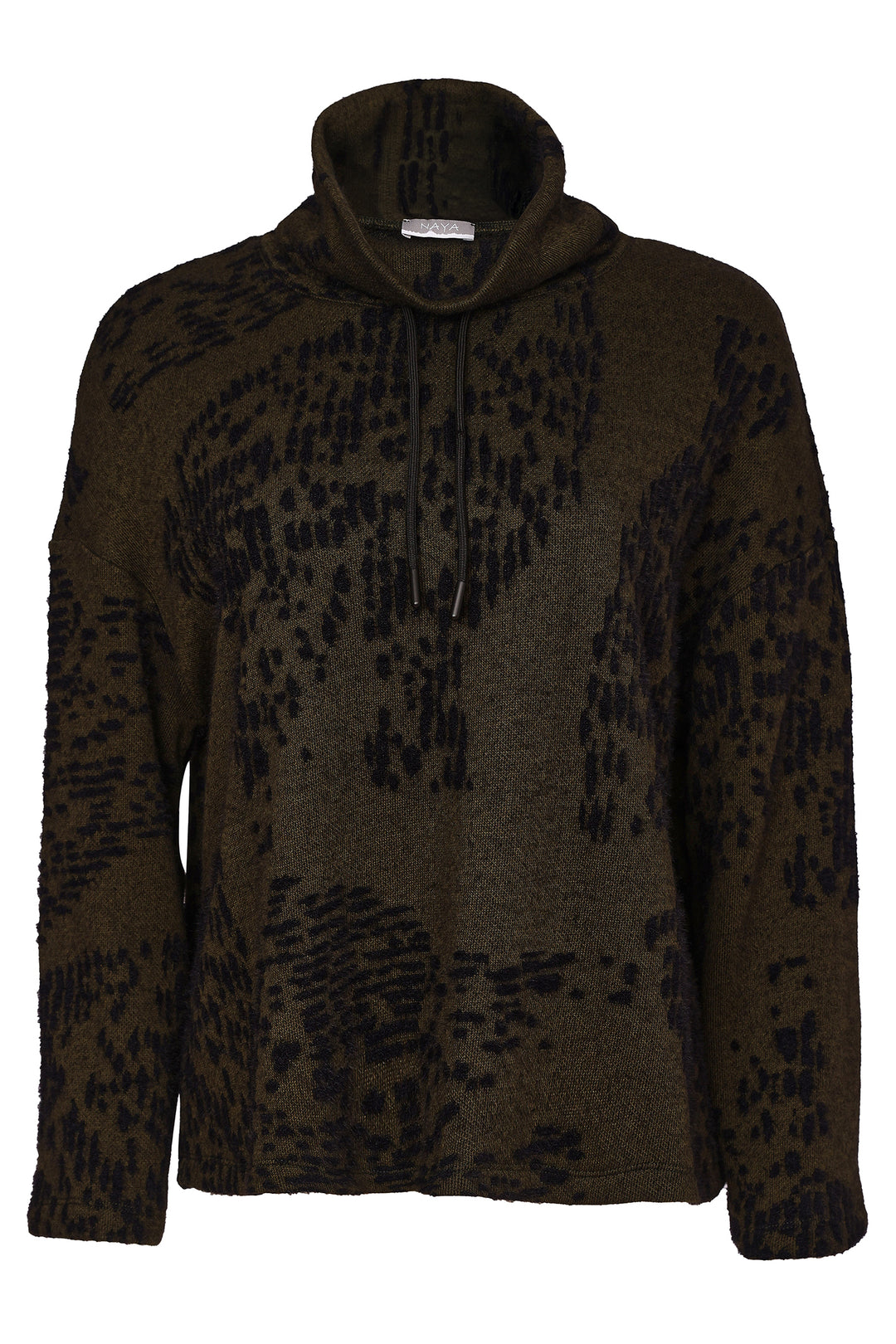Naya Black/Thyme Green Flocked Placement Print High Neck Knit Top, styled 2