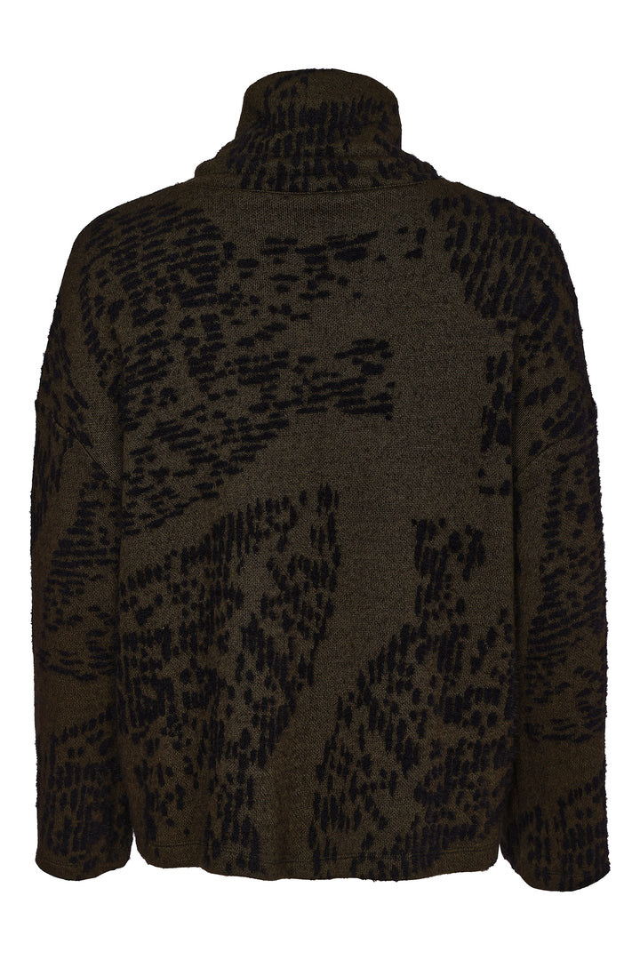 Naya Black/Thyme Green Flocked Placement Print High Neck Knit Top, close-up