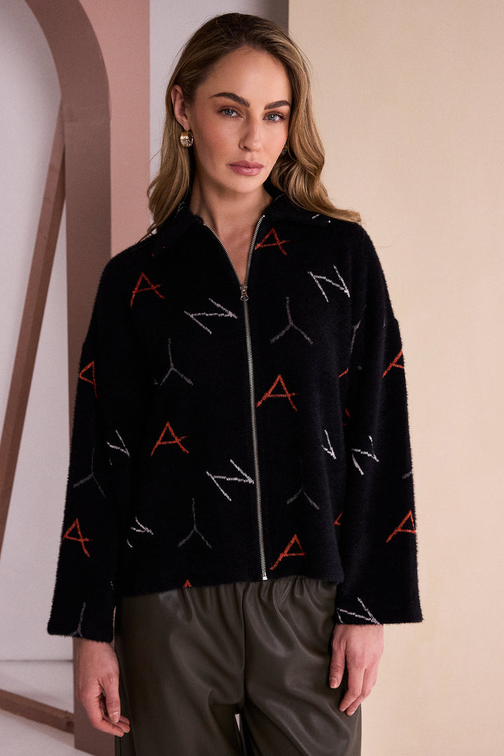 Naya Black Tigerlily Orange Knit Print Jacquard Jacket With Hood, front