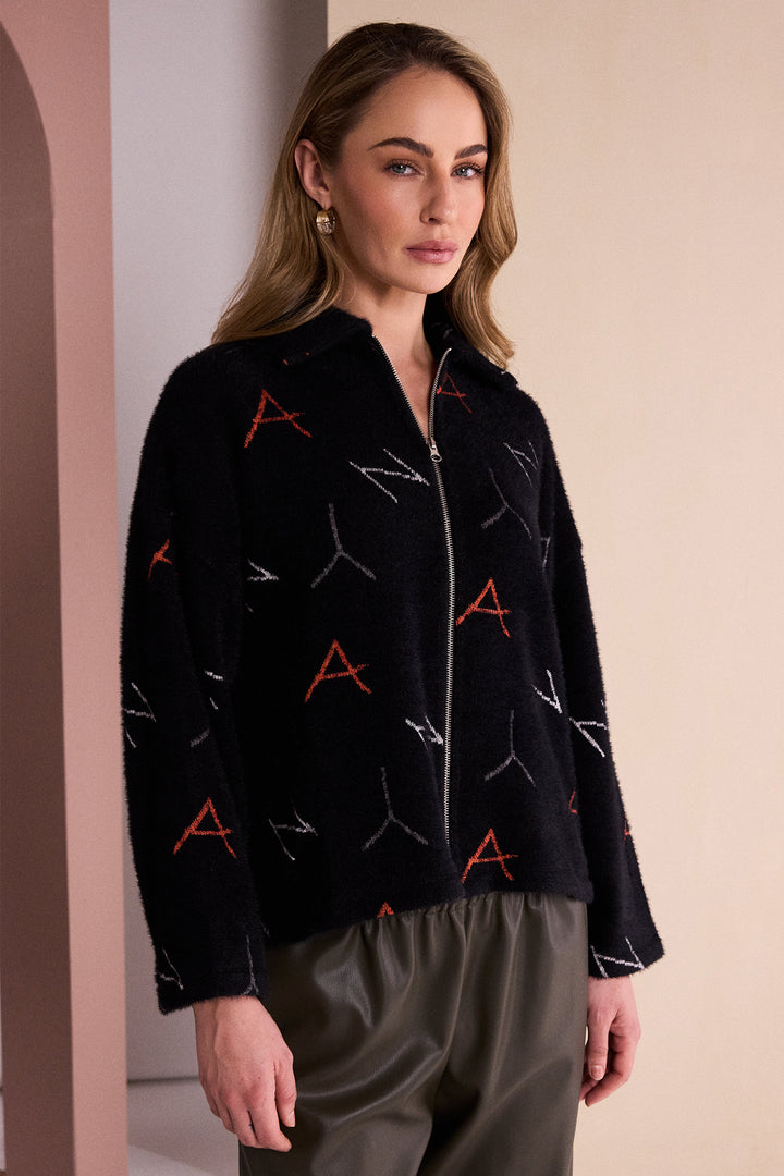 Naya Black Tigerlily Orange Knit Print Jacquard Jacket With Hood, back