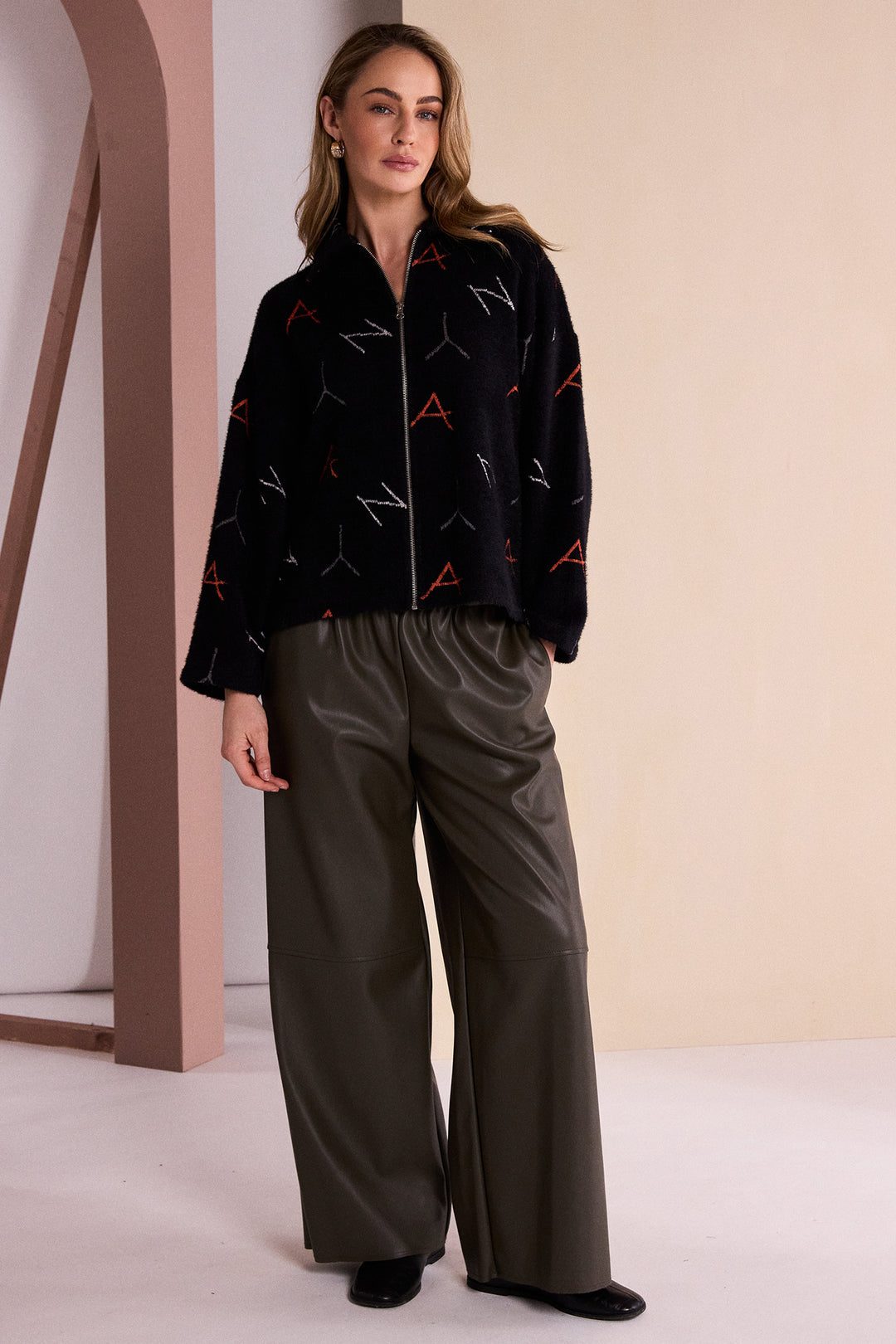 Naya Black Tigerlily Orange Knit Print Jacquard Jacket With Hood, styled