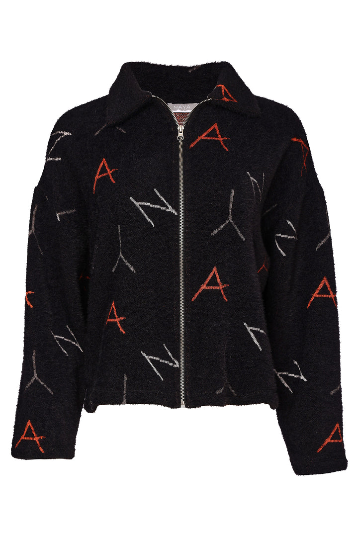 Naya Black Tigerlily Orange Knit Print Jacquard Jacket With Hood, detail
