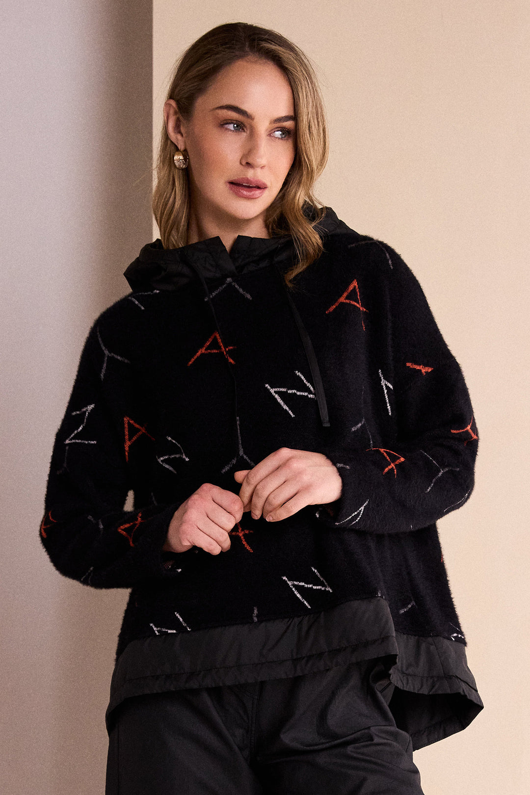 Naya Black Tigerlily Orange Print Jacquard Top With Contrast Hood, front