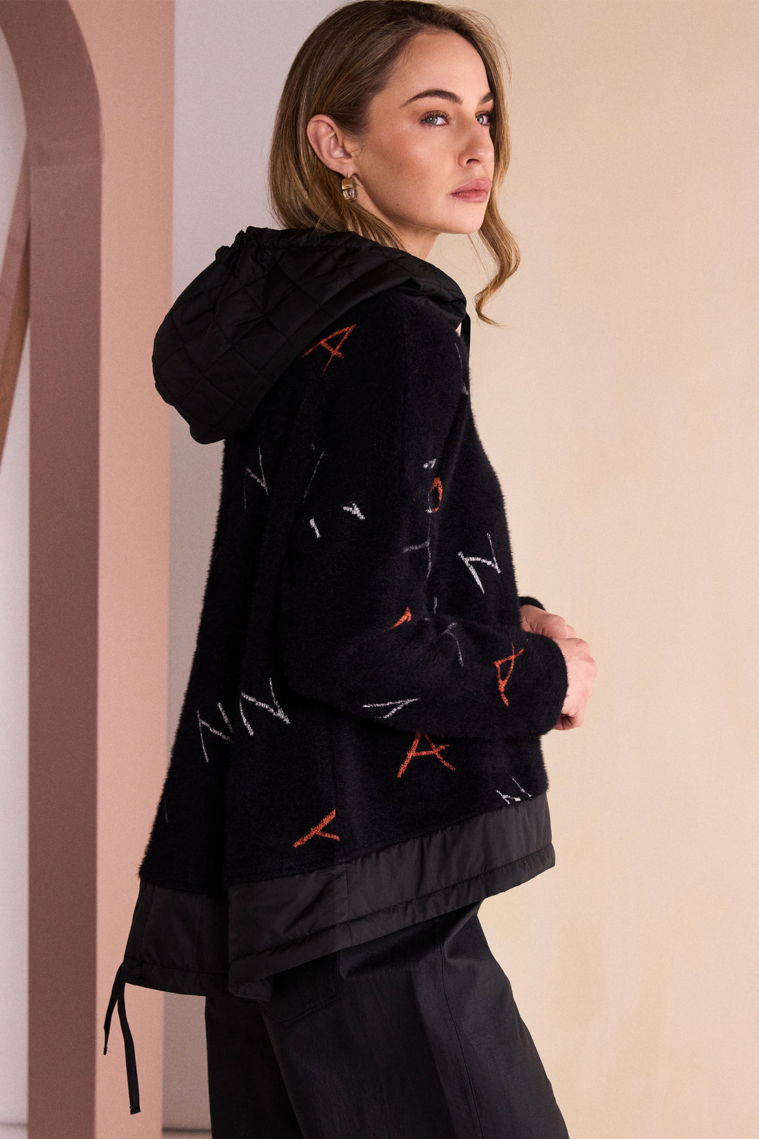 Naya Black Tigerlily Orange Print Jacquard Top With Contrast Hood, detail