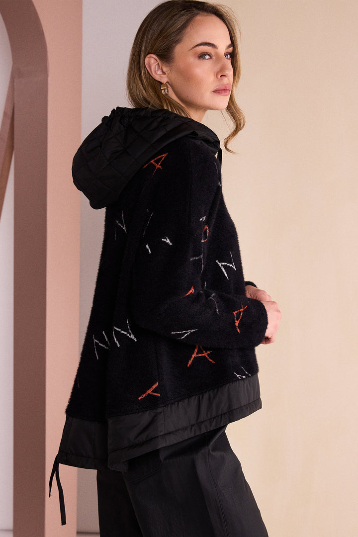 Naya Black Tigerlily Orange Print Jacquard Top With Contrast Hood, detail