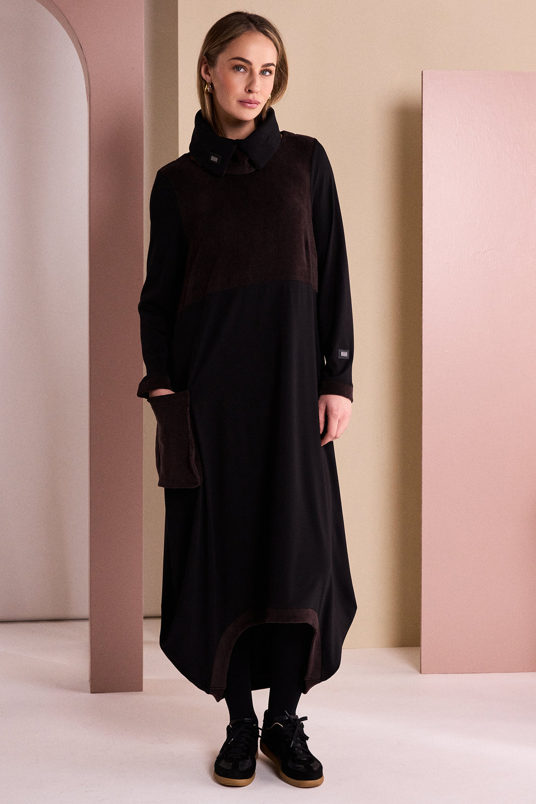Naya Choko Brown/Black Scoop Hem Dress, front