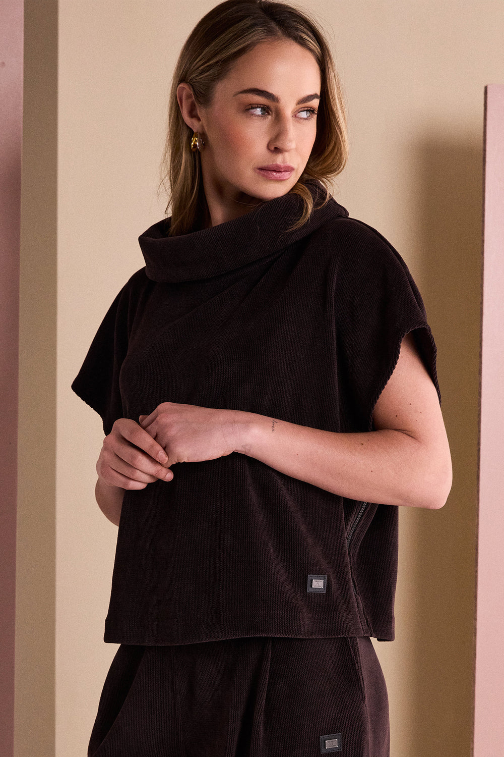 Naya Choko Brown Ribbed Round Neck Top, back