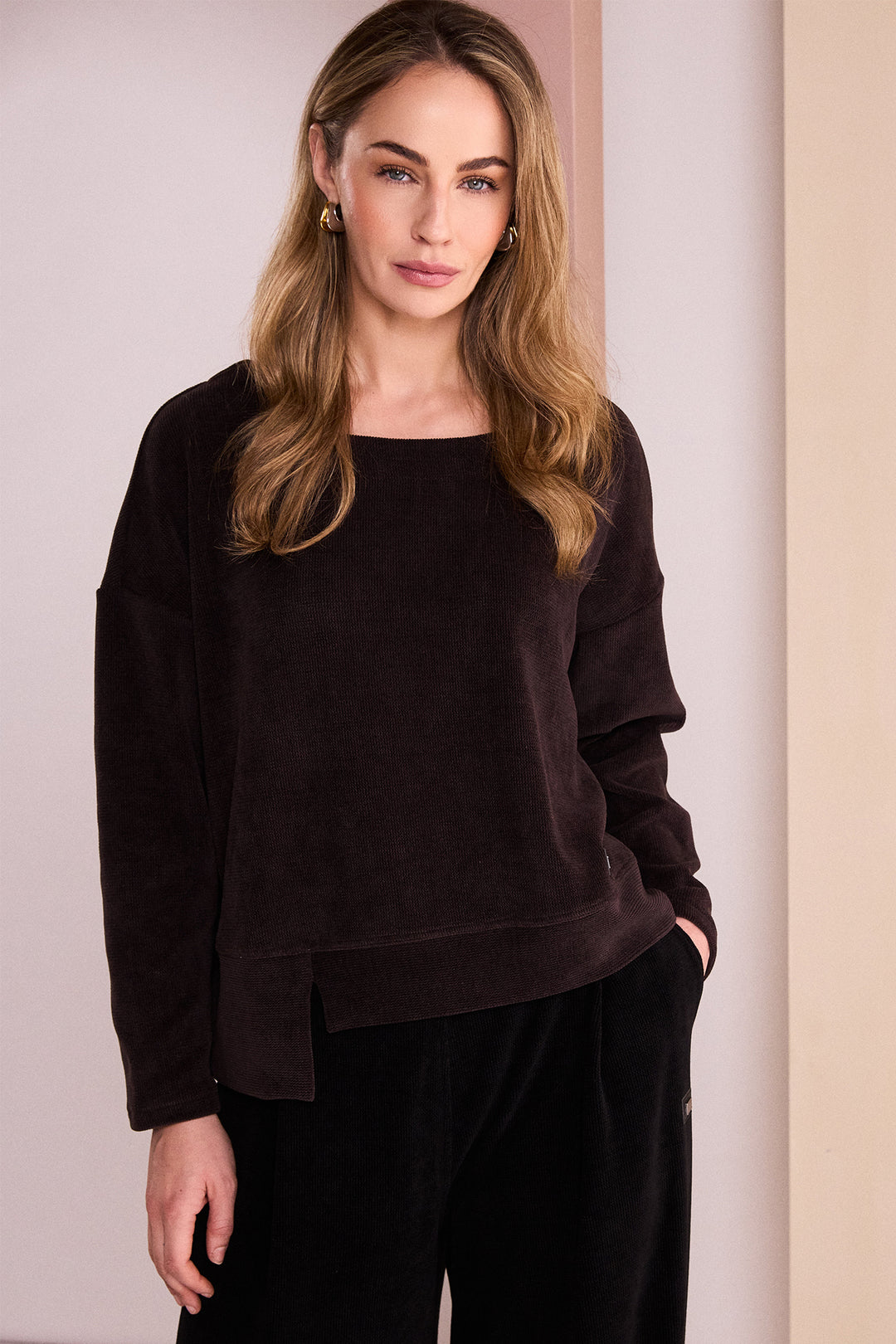Naya Choko Brown Ribbed Round Neck Top, detail