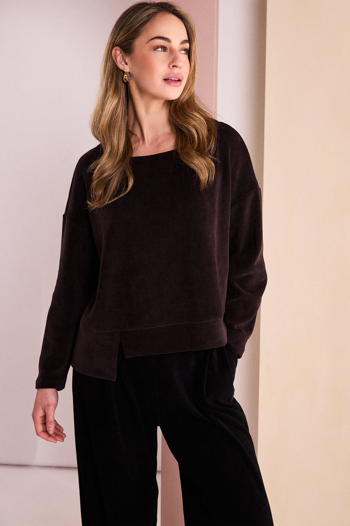 Naya Choko Brown Ribbed Round Neck Top, styled