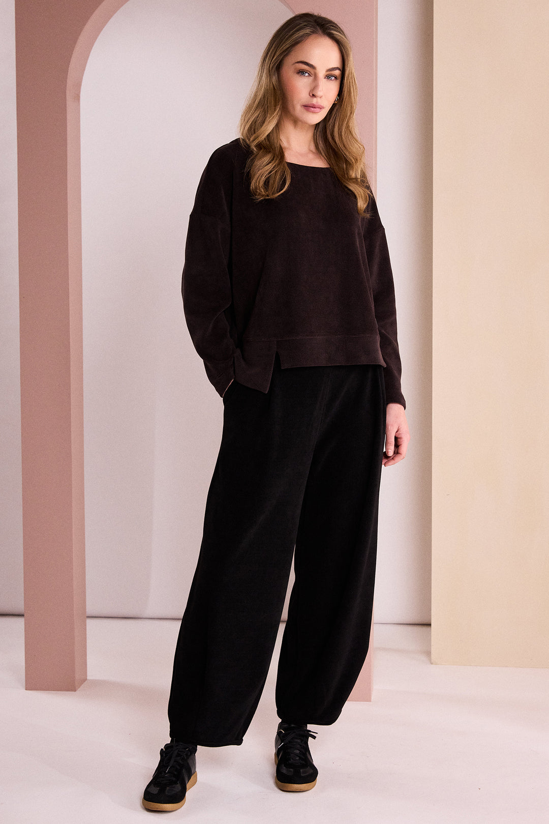 Naya Choko Brown Ribbed Round Neck Top, styled