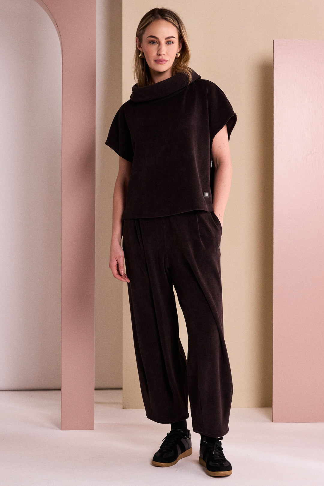 Naya Choko Brown Soft Ribbed Cowl Neck Top, styled