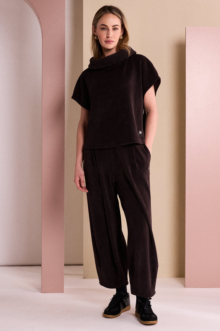 Naya Choko Brown Soft Ribbed Cowl Neck Top, styled