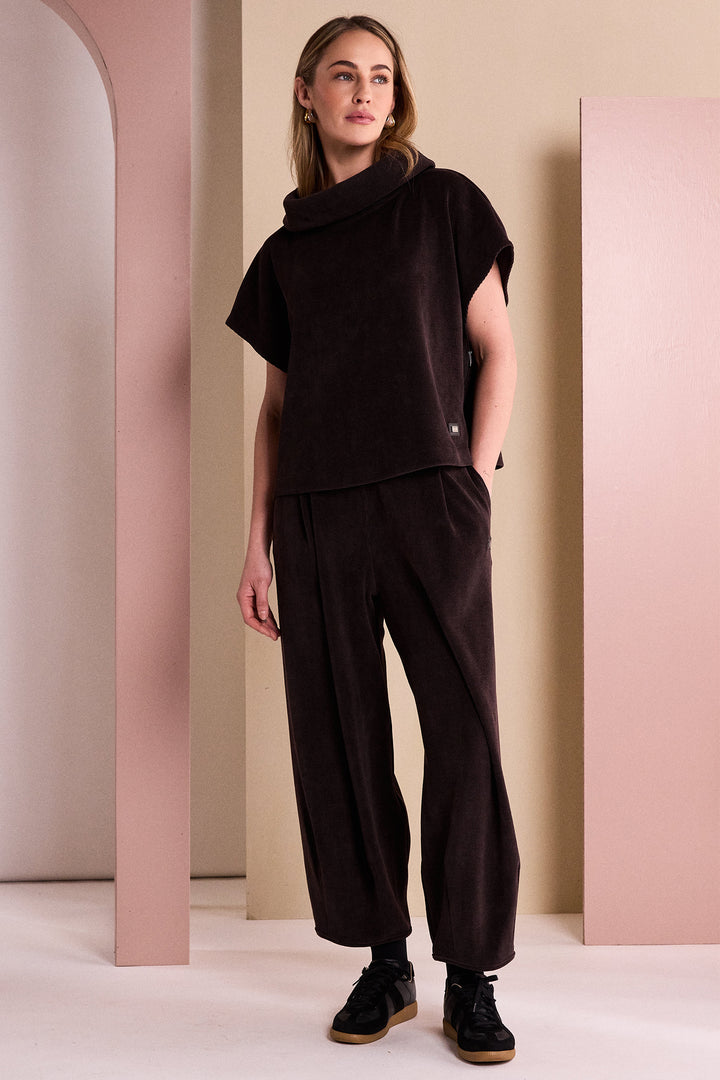 Naya Choko Brown Soft Ribbed Cowl Neck Top, styled