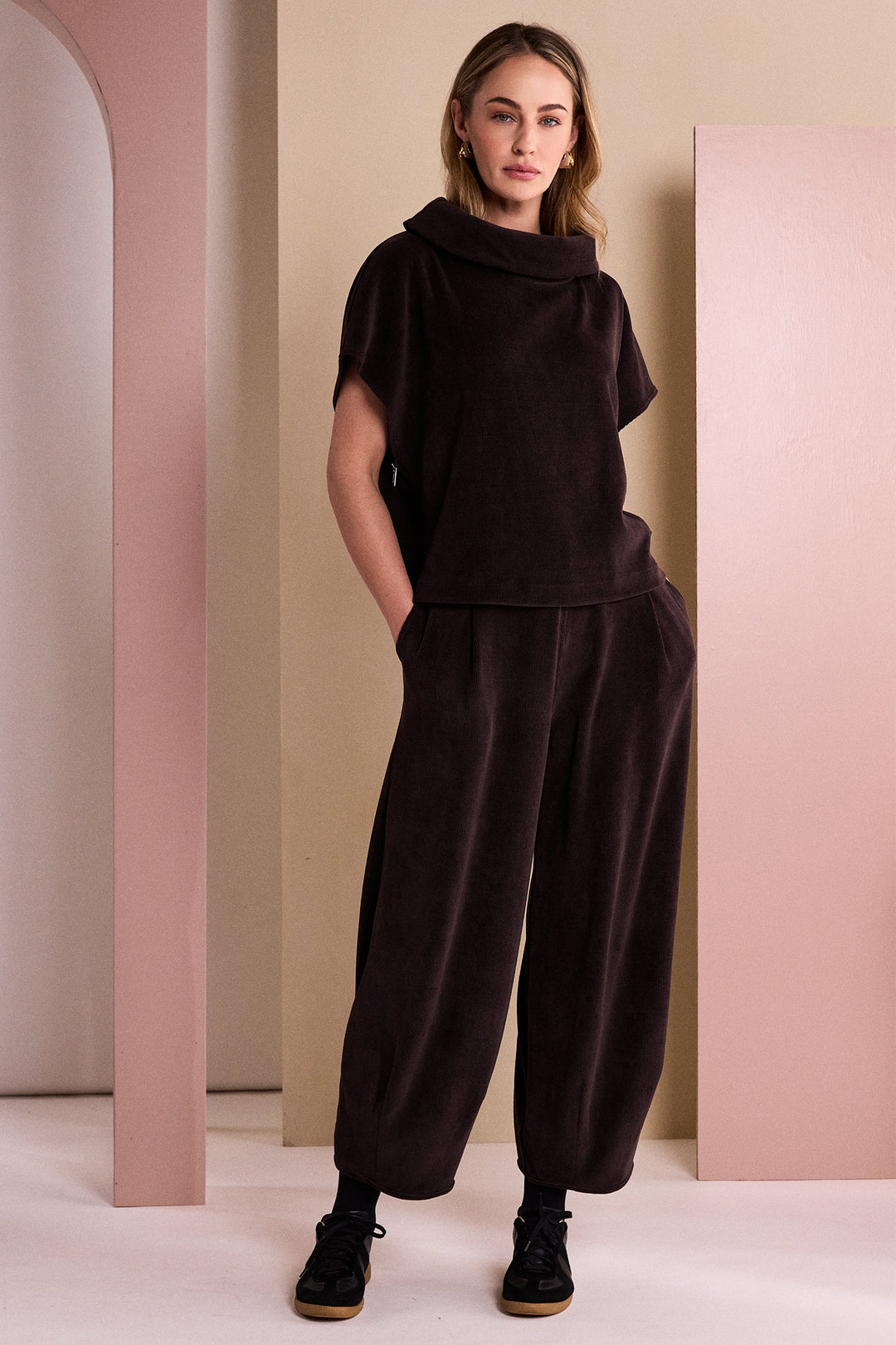 Naya Choko Brown Soft Ribbed Cowl Neck Top, flat lay