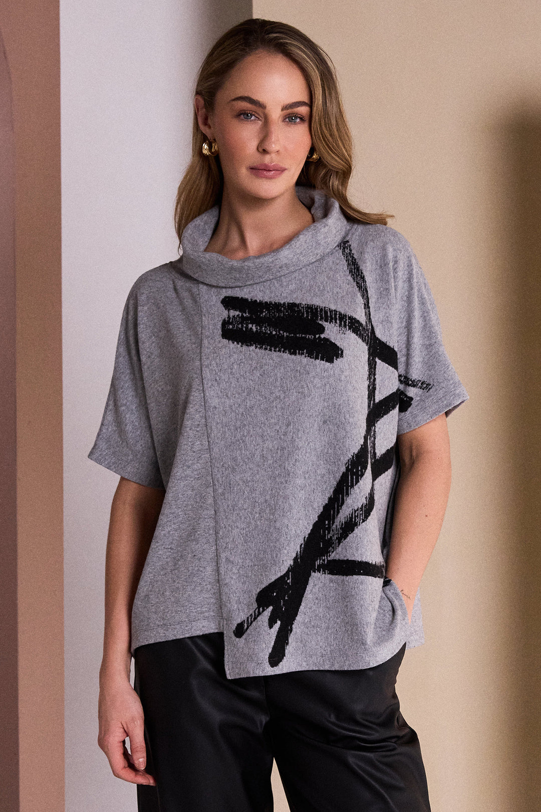 Naya Silver/Black Brush Stroke Print Square Shape High Neck Top, front