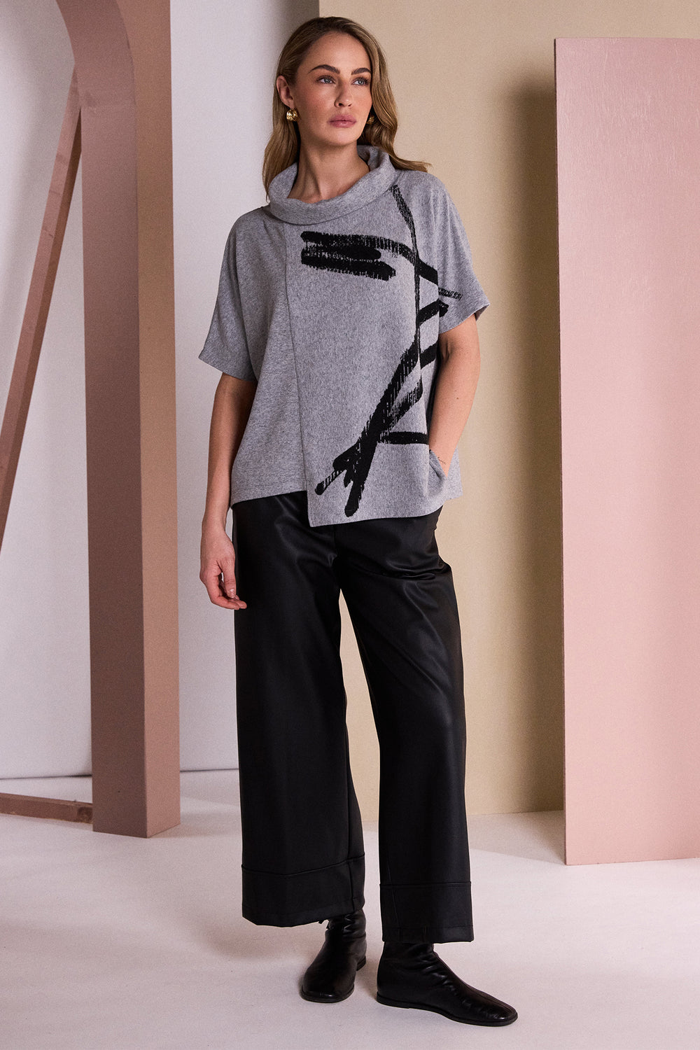 Naya Silver/Black Brush Stroke Print Square Shape High Neck Top, back