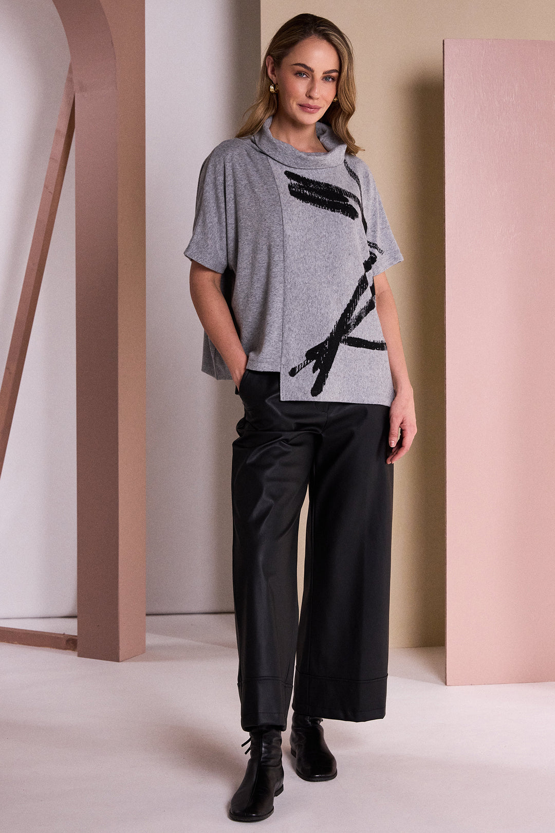 Naya Silver/Black Brush Stroke Print Square Shape High Neck Top, detail