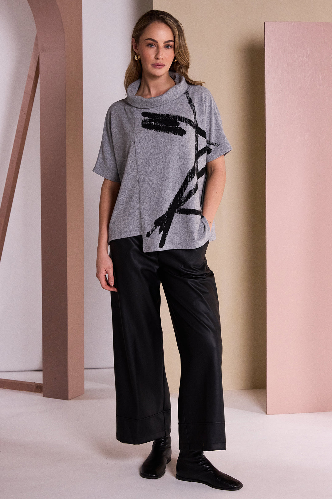 Naya Silver/Black Brush Stroke Print Square Shape High Neck Top, detail 2