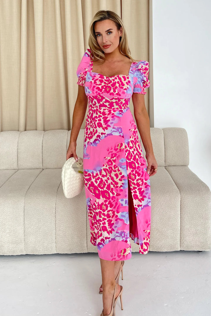 Dresses at Rouge Lillian Pink Print Sweetheart Midi Dress
