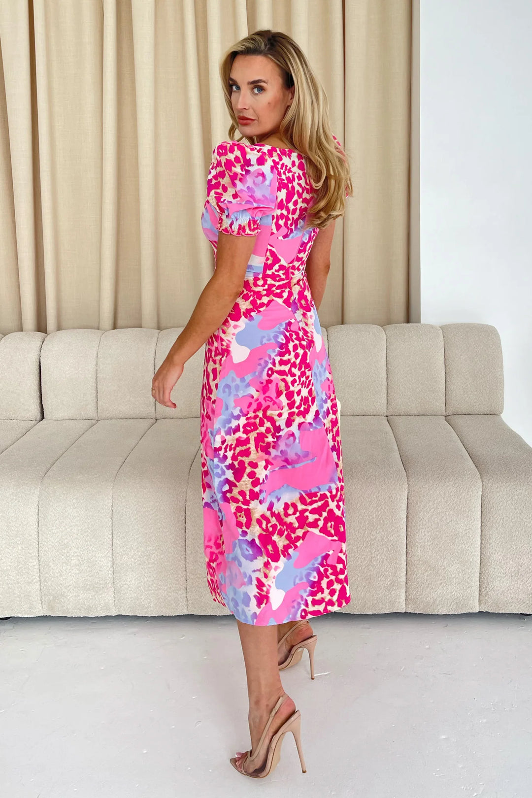 Dresses at Rouge Lillian Pink Print Sweetheart Midi Dress