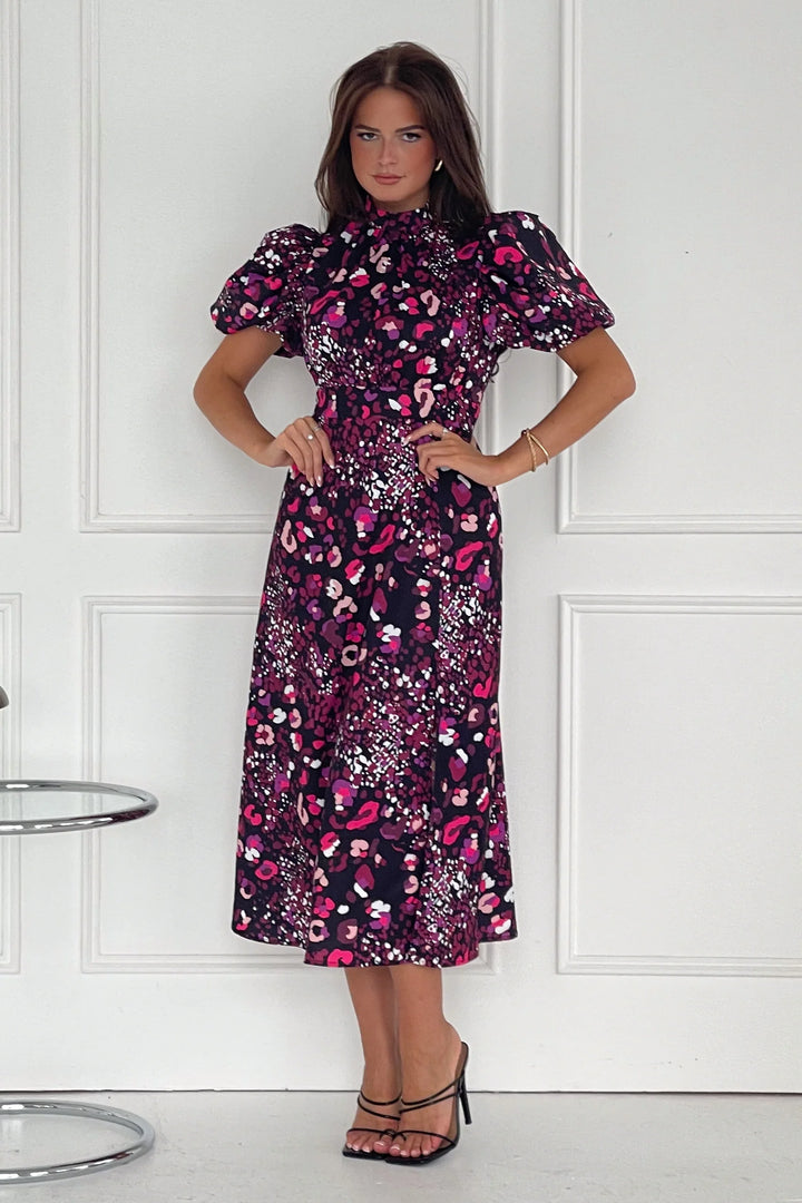 Dresses at Rouge Lilith Purple Animal Puff Sleeve Dress