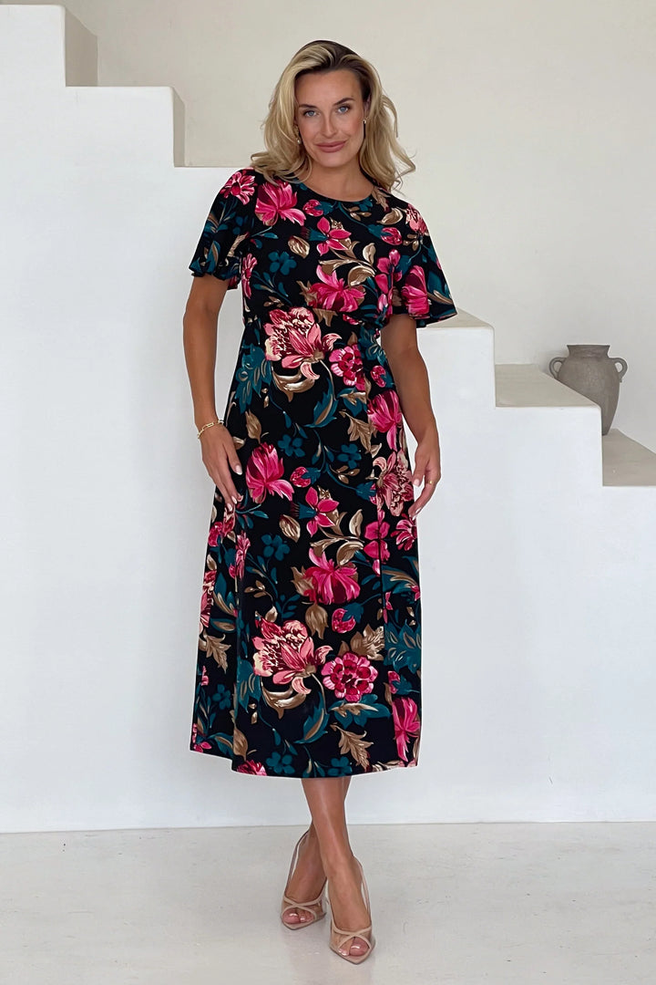Britney Dress Pink And Black Floral Angel Sleeve Midi