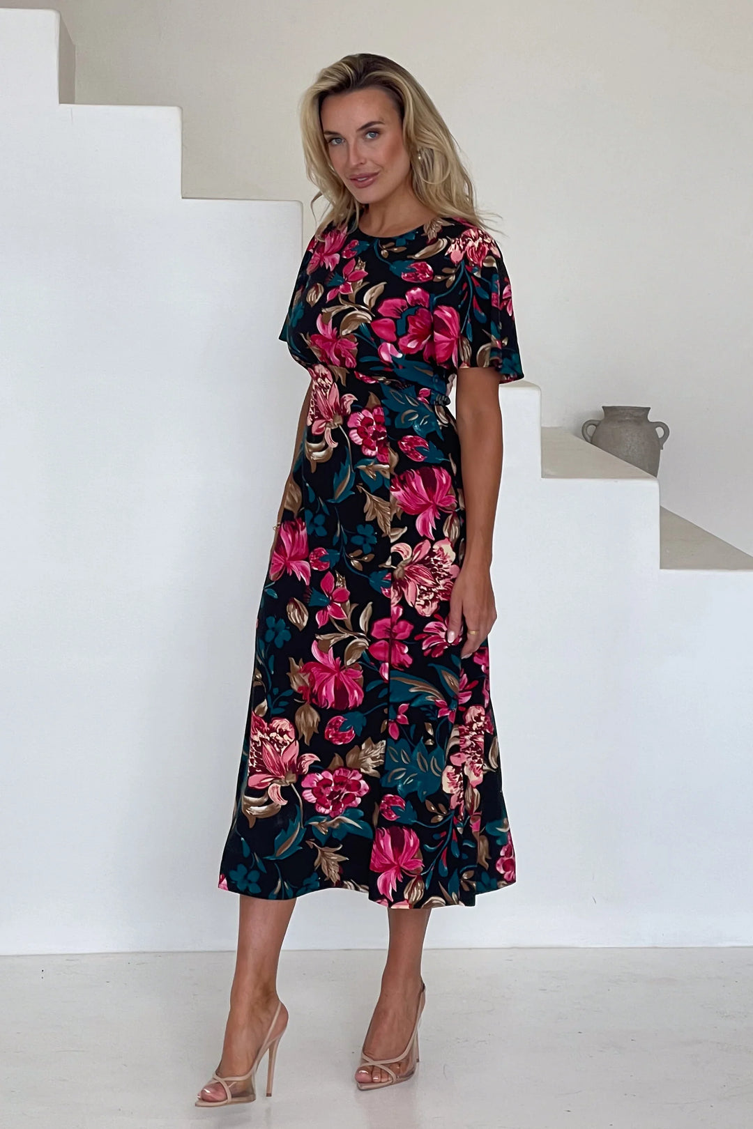 Britney Dress Pink And Black Floral Angel Sleeve Midi