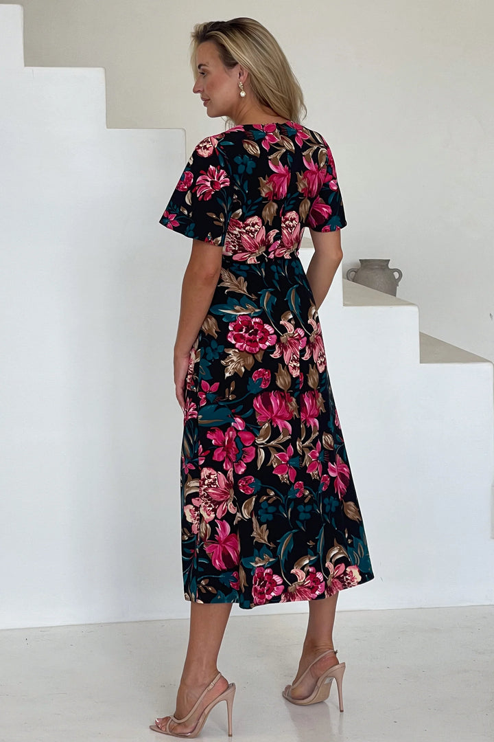 Britney Dress Pink And Black Floral Angel Sleeve Midi