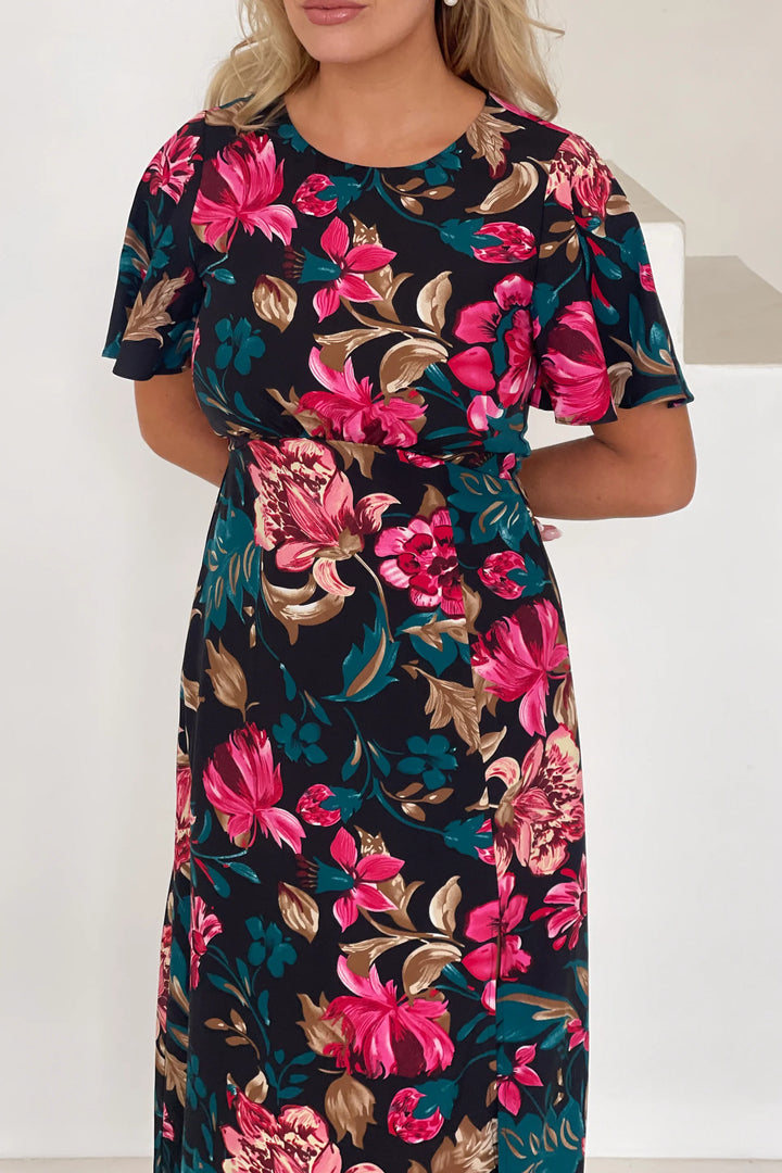 Britney Dress Pink And Black Floral Angel Sleeve Midi