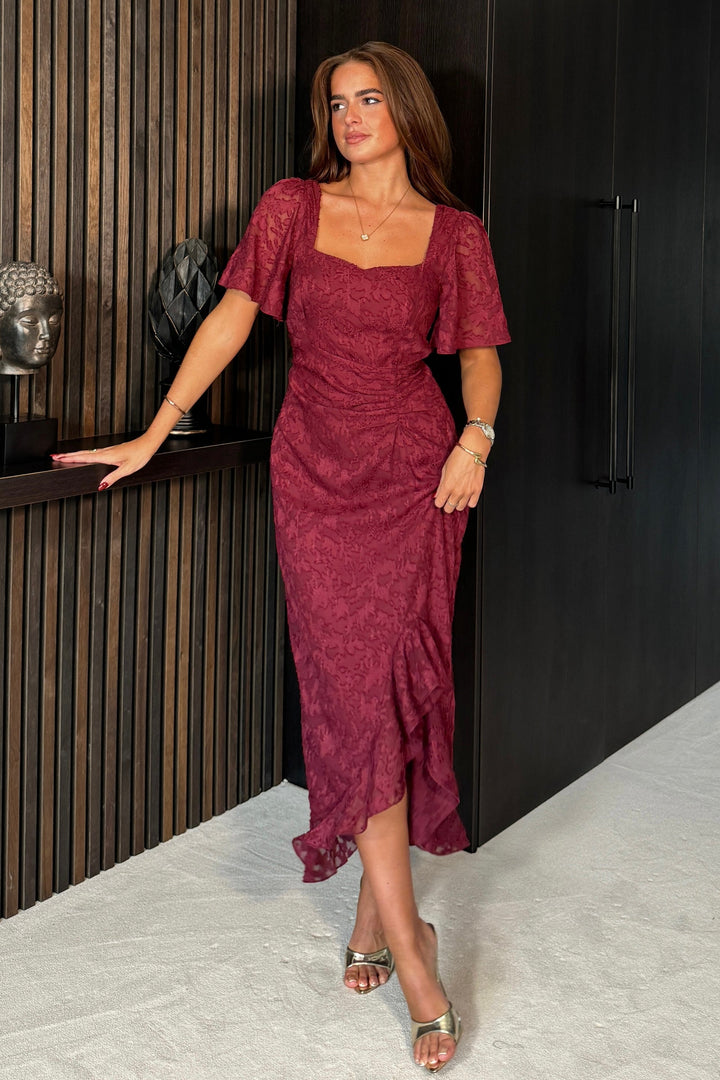 Dresses at Rouge Heidi Floral Burnout Ruched Midi Dress Wine
