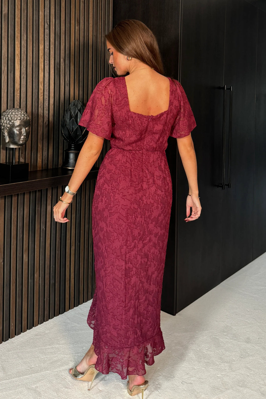 Dresses at Rouge Heidi Floral Burnout Ruched Midi Dress Wine