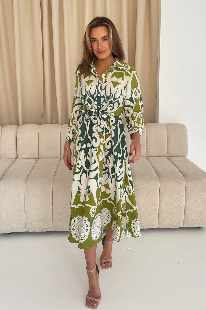 Dresses at Rouge Isabella Green Button Dress with Tie Finish