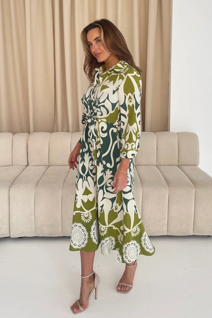 Dresses at Rouge Isabella Green Button Dress with Tie Finish