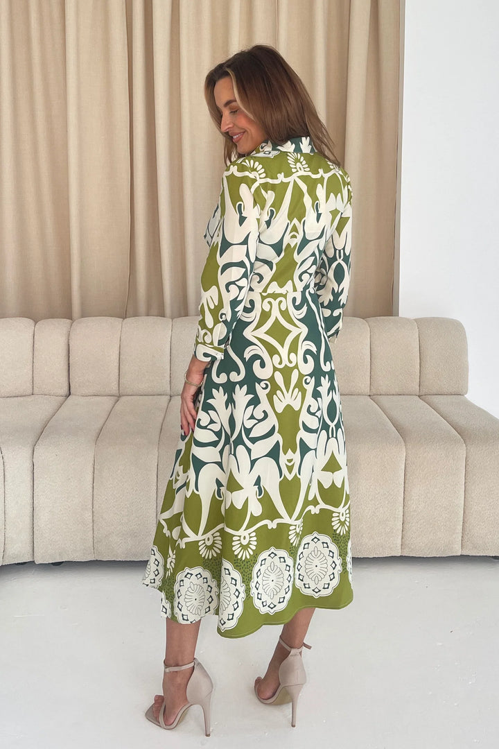 Dresses at Rouge Isabella Green Button Dress with Tie Finish